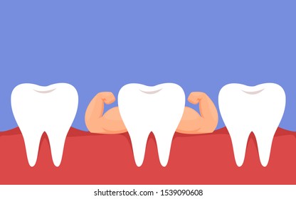 Healthy strong white teeth. The concept of healthy proper oral care. Dentistry and caries treatment. Vector illustration in cartoon style.