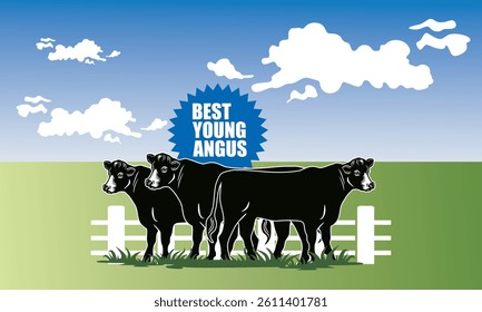 healthy and strong young angus cattle logo, silhouette of great cow at farm vector illustrations