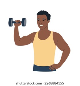 Healthy strong young black man holding dumbbell isolated. Vector cartoon flat style illustration