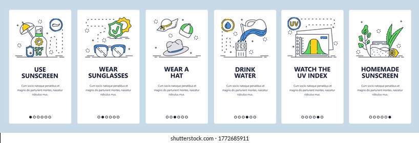 Healthy sunbathing tips. Use sunscreen, wear sunglasses and hat, drink water. Mobile app onboarding screens. Vector banner template for website and mobile development. Web site design illustration.