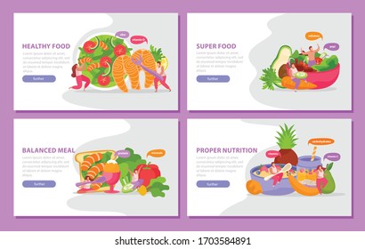 Healthy And Super Food Flat 4x1 Set Of Horizontal Banners With Images Of Well Balanced Meal Vector Illustration