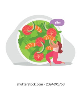 Healthy and super food flat icons composition with top view of dish full of salad and thought bubble with woman vector illustration