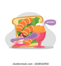 Healthy and super food flat icons composition with woman holding spoon egg on stand and shrimp toast vector illustration