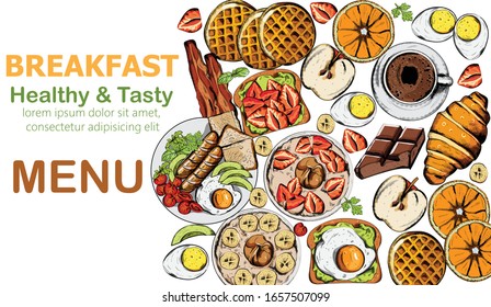 Healthy and tasty breakfast set with multiple food and drinks
