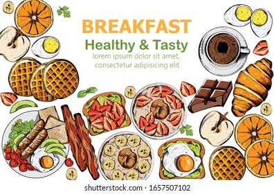 Healthy and tasty breakfast set with multiple food and drinks