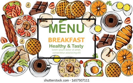 Healthy and tasty breakfast set with multiple food and drinks