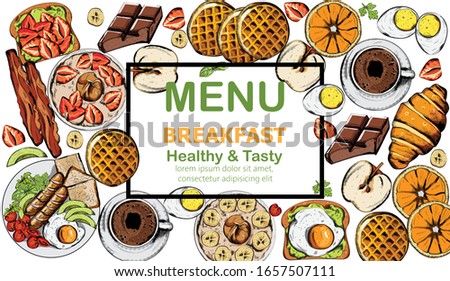 Healthy and tasty breakfast set with multiple food and drinks