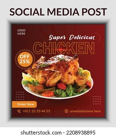 Healthy and tasty chicken fast food poster design for online business marketing and promotion.Flyer or poster Restaurant offer menu design with brand logo.Delicious fast food chicken social media post