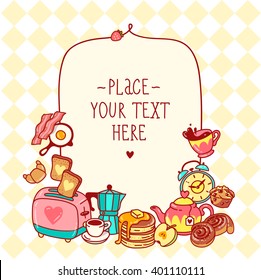 Healthy and tasty cute doodle art breakfast menu on light yellow background toast, tea pot, coffee pot, espresso, fried bacon, fried egg, pastry, croissant, muffin, apple, sweets, strawberry