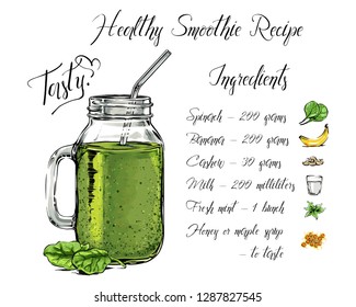 Healthy tasty smoothie recipe set. With illustration of painted  ingredients and jar. Hand drawn in comics sketch style. For vegetarians and healthy food lovers. Vector  graphic image, green color