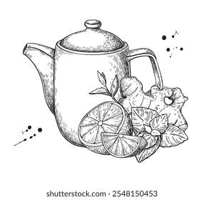 Dibujo de Vector de concepto de té saludable. Tetera, hervidor de agua, hoja de menta, rodaja de limón y raíz de jengibre. Ilustración de la bebida. Medicina alternativa, tratamiento de la gripe. Etiqueta, icono, diseño de embalaje.