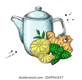 Dibujo de Vector de concepto de té saludable. Tetera, hervidor de agua, hoja de menta, rodaja de limón y raíz de jengibre. Ilustración de la bebida. Medicina alternativa, tratamiento de la gripe. Etiqueta, icono, diseño de embalaje.