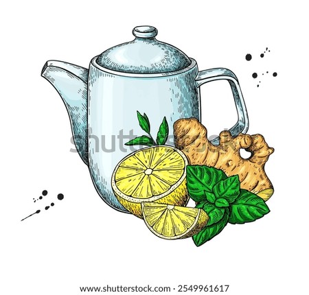 Healthy tea concept vector drawing. Teapot, kettle, mint leaf hearb, lemon fruit slice and ginger root sketch. Drink illustration. Alternative medicine, flu treatment. Label, icon, packaging design.