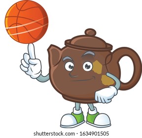 a Healthy teapot cartoon character playing basketball