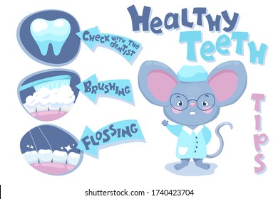 Healthy teeth banner with mouth hygiene tips and cute mouse doctor. Children dentist poster. Cartoon doctor character. Dental care advice. Kids healthcare rules. Animal doctor mascot