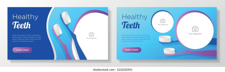 Healthy teeth care online banner template set, tooth brush advertisement, horizontal ad, dental business campaign webpage, flyer, creative brochure, isolated on background.