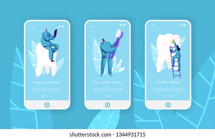 Healthy Teeth Clean Toothbrush Mobile App Page Onboard Screen Set. Dentist make Prevention, Whitening Toothpaste for Healthcare Website or Web Page. Flat Cartoon Vector Illustration