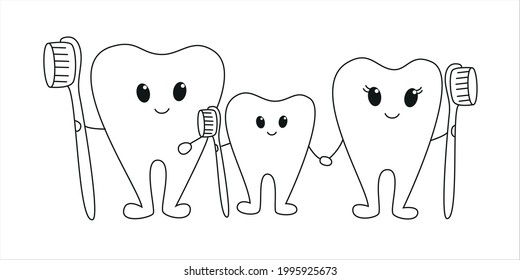 Healthy teeth concept. Cartoon teeth with toothbrush. Vector black and white coloring page.