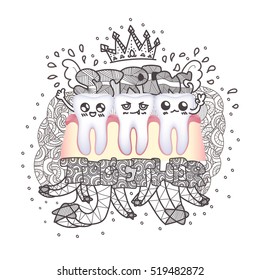 Healthy Teeth With Cute Hand Drawn Vector Illustration, Stronger Together Logo Doodle Style
