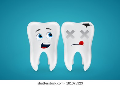 Healthy teeth and dead on blue background