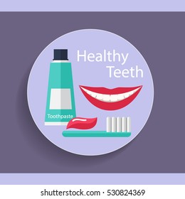 Healthy Teeth. Dental background with teeth, toothbrush and toothpaste. Vector illustration.