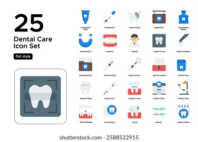 Healthy Teeth and Dental Hygiene. Oral Care, Brushing, and Tooth Protection. Vector Illustration. Flat icon set