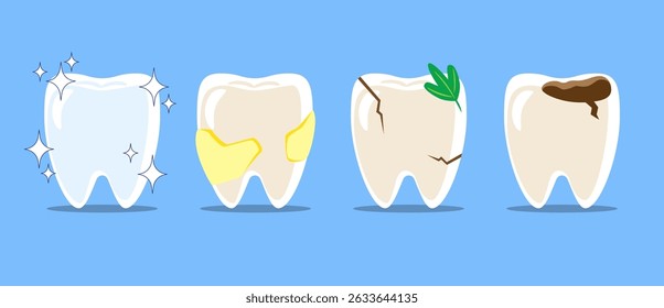 Healthy teeth, dental plaque, cracked tooth with food stuck, dental caries or tooth decayed . Set of flat design cartoon illustration . Isolated on Blue background . Vector .