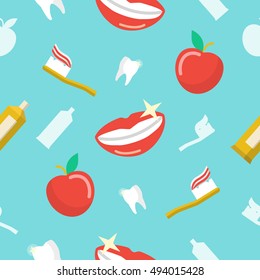 Healthy Teeth Dental Seamless Pattern with Smile and ToothPaste. Vector background