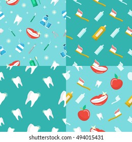 Healthy Teeth Dental Seamless Pattern Set with Smile and Tooth. Vector background