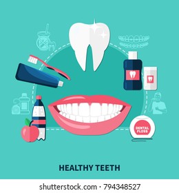 Healthy teeth design concept with white smile and items for dental hygiene flat icons vector illustration 