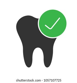 Healthy teeth glyph icon. Tooth with check mark. Silhouette symbol. Negative space. Vector isolated illustration