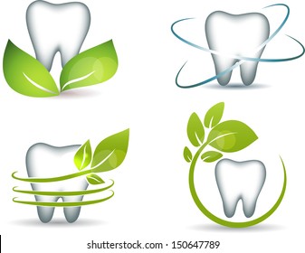 Healthy teeth with green leafs. Clean and bright designs. 