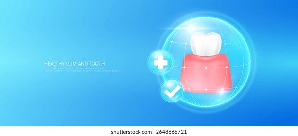 Healthy teeth and gum in bubble dome transparent with check mark and plus sign on blue background. Strong and healthy tooth. Medical health care dentist or dentistry. 3D Vector EPS10.