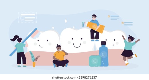 Dientes sanos. Felices amigos multiétnicos niños con herramientas de cuidado oral - cepillo, dentífrico, hilo. Dientes sanos después de cepillarse y blanquear. concepto de estomatología pediátrica. ilustración vectorial plana