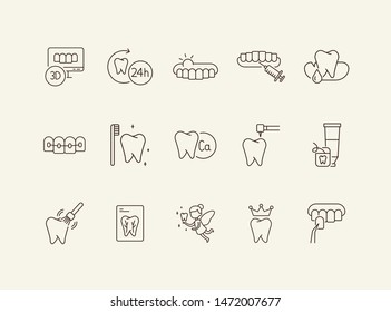 Healthy teeth icons. Set of line icons. Doctor, tooth, monitoring. Medicine concept. Vector illustration can be used for topics like stomatology, treatment, patient