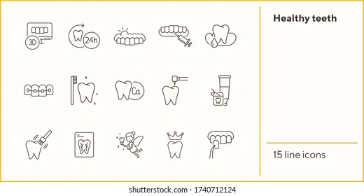 Healthy teeth icons. Set of line icons. Doctor, tooth, monitoring. Medicine concept. Vector illustration can be used for topics like stomatology, treatment, patient