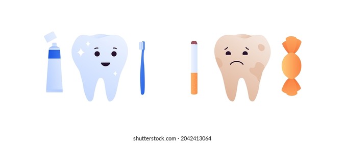 Healthy teeth infographic concept. Vector cartoon healthcare illustration. Happy and sad tooth character. Smoke, sugar, brush symbol isolated on white background. Design for dental health.