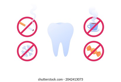 Infografía de dientes sanos. Ilustración vectorial de asistencia sanitaria plana. Diente con el símbolo de la señal de parada roja. Humo, azúcar, signos de café aislados de fondo blanco. Cartel de diseño para salud dental.