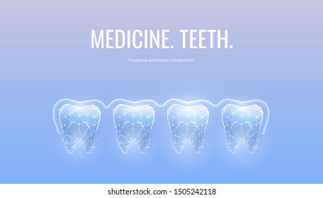 Healthy teeth low poly banner wireframe template. Mouth cavity examination and treatment poster mockup. Sensitive teeth protection polygonal glowing illustration. Enamel whitening typography