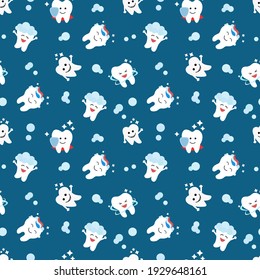 Healthy teeth seamless pattern. Oral dental hygiene. Children teeth care. Baby texture. Flat design. Blue background Vector illustration.	