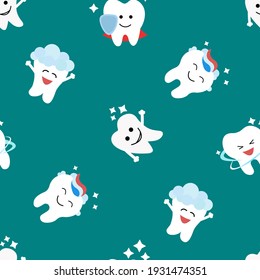 Healthy teeth seamless pattern. Oral dental hygiene. Children teeth care. Baby texture. Flat design. Blue background Vector illustration.	