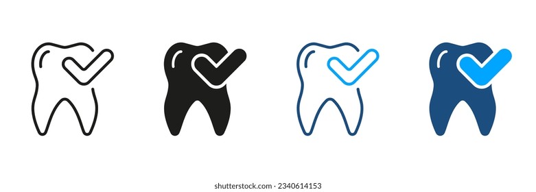 Healthy Teeth Silhouette and Line Icon Set. Checked Oral Health, Protection and Hygiene. Dental Treatment Symbol Collection. Tooth with Checkmark Pictogram. Isolated Vector Illustration.