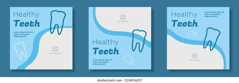 Healthy teeth social media post, banner set, dental care business advertisement concept, dentist company marketing square ad, abstract print, isolated on background.