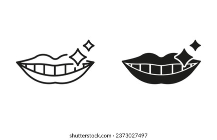 Healthy Teeth and Sparkle Mouth Silhouette and Line Icon Set. Shiny Human Smile. Dental Treatment, Dentistry Black Symbol Collection. Beauty Lips and White Teeth. Isolated Vector Illustration.