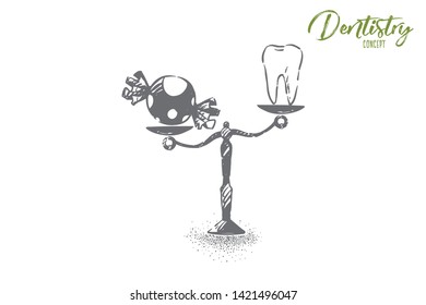 Healthy teeth and sweets, white tooth and candy on vintage scales. Stomatology, dentistry symbol, refusing from confectionery, health priority concept sketch. Hand drawn vector illustration