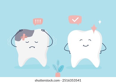Healthy teeth and tooth character with cracked caries poor oral hygiene. Design for children dentistry. Happy and smiling tooth, mascot tooth icon with broken and crying face. flat vector illustration
