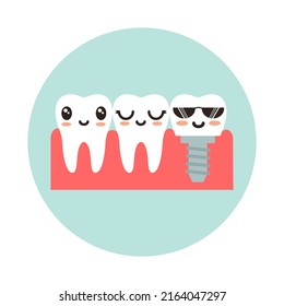 Healthy teeth and a tooth with an implant. Flat vector illustration.