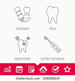 Healthy teeth, tooth and toothpaste icons. Electric toothbrush linear sign. Edit document, Calendar and Graph chart signs. Star, Check and House web icons. Vector