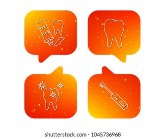 Healthy teeth, tooth and toothpaste icons. Electric toothbrush linear sign. Orange Speech bubbles with icons set. Soft color gradient chat symbols. Vector