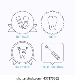 Healthy teeth, tooth and toothpaste icons. Electric toothbrush linear sign. Award medal, star label and speech bubble designs. Vector